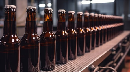 beverage production line with Generative AI, a brewery conveyor, a sophisticated production line, and brown glass beer bottlesの素材
