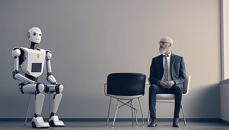 Businesspeople and a humanoid robot await a job interview, Generative AIの素材