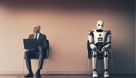 Businesspeople and a humanoid robot await a job interview, Generative AIの素材