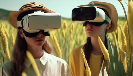 Virtual reality game players wearing VR grasses. Futuristic digital technologies and virtual reality simulation, Generative AIの素材