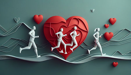 Concept for World Heart Day, people running with a heartbeat line, paper art and craft style, Generative AIの素材