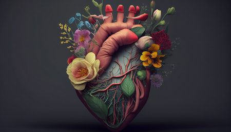 Hands holding a human heart with flowers, notion of love and emotion, good-hearted individual, assistance and charity, Generative AIの素材
