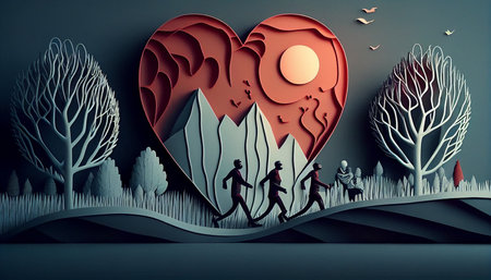 Concept for World Heart Day, people running with a heartbeat line, paper art and craft style, Generative AIの素材