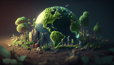 International Environment Day with Humans are taking care of the earth via gardening and cleaning. Generative AI, save the planetの素材