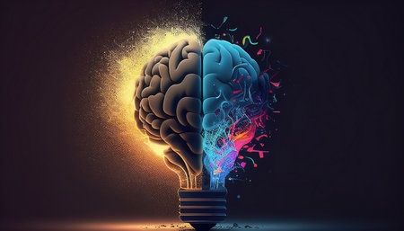 Illustration of a Creative Idea with a Brain and a Light Bulb, Using Generative AI Technology, Generative AIの素材
