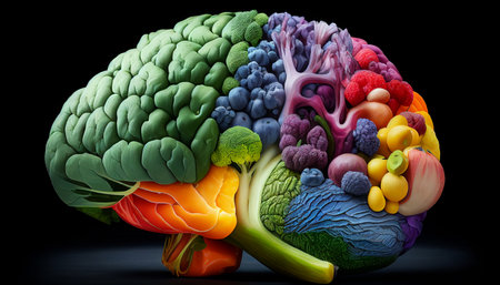 The human brain is made up of a range of colorful veggies. vegetarian vegan healthy nutrition concept The importance of World Health Day in global, Generative AIの素材