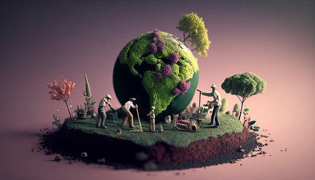 International Environment Day with Humans are taking care of the earth via gardening and cleaning. Generative AI, save the planetの素材