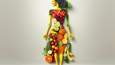 Woman's body comprised of vegetables and fruits, healthy cuisine, background for World Health Day, Generative AIの素材