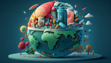 World Health Day. Vector graphic of medicine, doctors, and drugs, as well as an unique idea with the earth and Generative AI.の素材