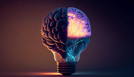 Illustration of a Creative Idea with a Brain and a Light Bulb, Using Generative AI Technology, Generative AIの素材