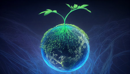 Abstract blue Earth with green plant sprouts, Generative AIの素材