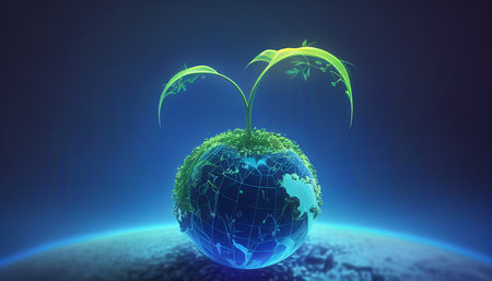 Abstract blue Earth with green plant sprouts, Generative AIの素材