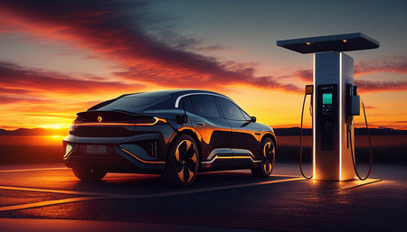 Future electric vehicles will use a smart electric car charging station. The Generative AIの素材