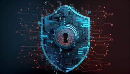 In this abstract cyberattack block concept, Generative AI, a shield with a lock icon is depicted on a circuit board and network wireframe with binary code over a blue background.の素材
