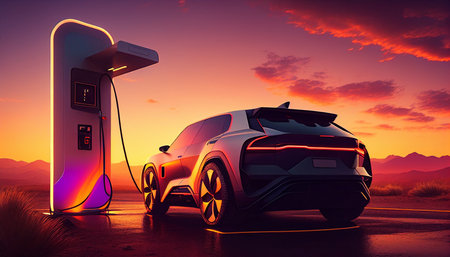 Future electric vehicles will use a smart electric car charging station. The Generative AIの素材