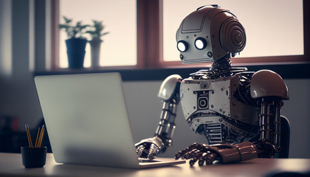 Generative AI robot sitting on a laptop inside the officeの素材