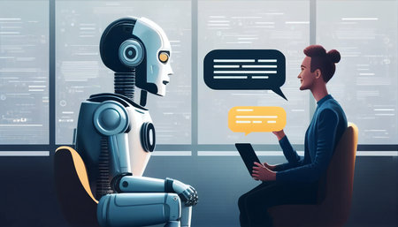 A person conversing with an artificial AI. Concepts of futuristic technology or machine learning, Generative AIの素材