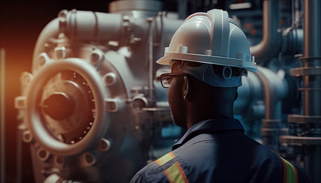 Engineer verify the state of work at the facility, Industrial zone steel pipelines and valves, engineer maintain power plan equipment, Generative AIの素材