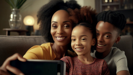 selfie and mother with child in living room sofa for social media post. Generative AI, black family smileの素材