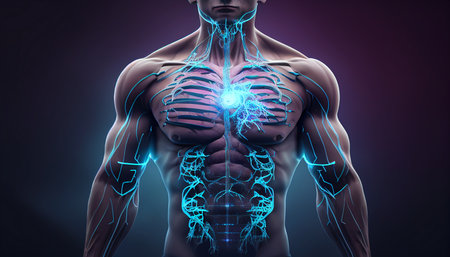 a medical background with a technology design over a guy body with a highlighted brain, Generative AIの素材