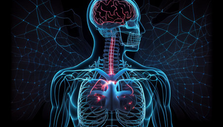 a medical background with a technology design over a guy body with a highlighted brain, Generative AIの素材