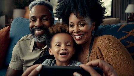 selfie and mother with child in living room sofa for social media post. Generative AI, black family smileの素材