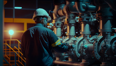 Engineer verify the state of work at the facility, Industrial zone steel pipelines and valves, engineer maintain power plan equipment, Generative AIの素材