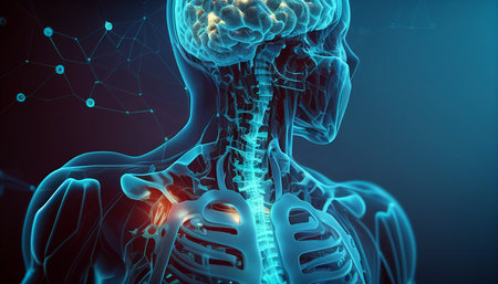 a medical background with a technology design over a guy body with a highlighted brain, Generative AIの素材