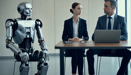 Generative AI, smiling businesspeople and a humanoid robot location street photographyの素材