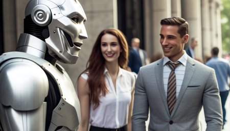 Generative AI, smiling businesspeople and a humanoid robot location street photographyの素材
