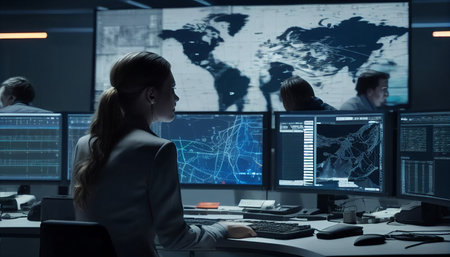 Computer Science Engineer Watch Telecommunications Infrastructure Infographics on Large Screen and Laptop Generative AI in the Control and Monitoring Roomの素材