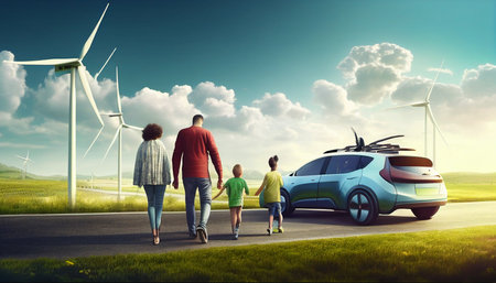 A joyful family spends time in a wind farm in an electric vehicle. Generative AI, electric car powered by clean renewable energy from a wind turbine generator,の素材
