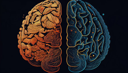 Concept of the left and right sides of the human brain. Generative AI has a creative and logical component, as well as social and business doodles.の素材