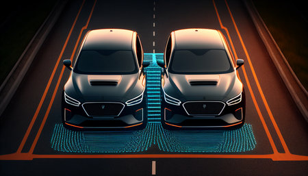 Concept of an autonomous car sensor system for the safety of driverless mode car control. Adaptive cruise control in the future will detect neighboring vehicles and pedestrians. , Generative AIの素材