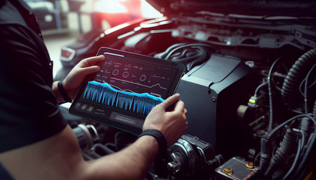 Close-up of a mechanic's shop employee reading on a tablet and performing diagnostics while sitting in a car, Generative AIの素材