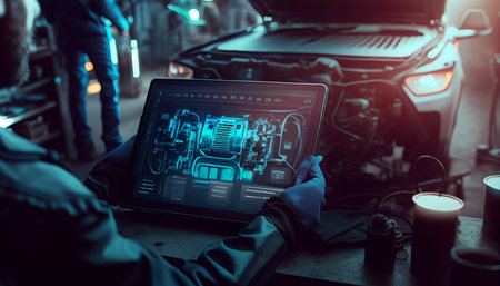 Close-up of a mechanic's shop employee reading on a tablet and performing diagnostics while sitting in a car, Generative AIの素材