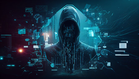 man Websites and social media security are created by programmers and cyber security technology, as are cyberspace notions and Generative AI.の素材