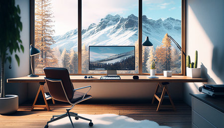 Generative AI, modern computer office interior with a lovely viewの素材