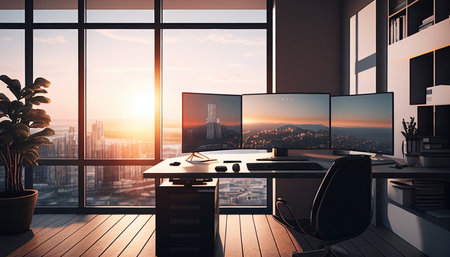 Generative AI, modern computer office interior with a lovely viewの素材