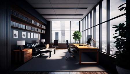 Generative AI, modern computer office interior with a lovely viewの素材