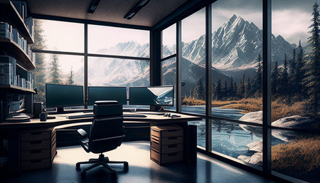 Generative AI, modern computer office interior with a lovely viewの素材