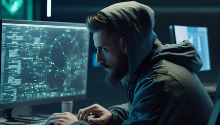 man Websites and social media security are created by programmers and cyber security technology, as are cyberspace notions and Generative AI.の素材