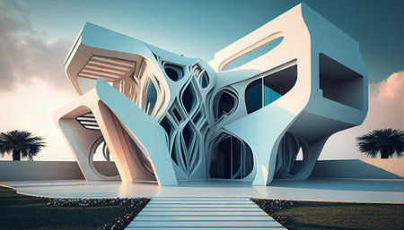 Playful surreal architecture, Ultra modern lavish mansion, Modern surreal villa, Generative AI, futuristic luxury geometric architectureの素材