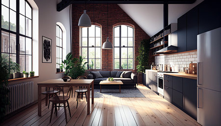 new contemporary Scandinavian loft apartment with daylight and Generative AIの素材