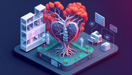 Insurance and digital healthcare connectivity, hospital service and clinic blockchain, cardiology and medical service system, Generative AIの素材
