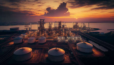 Oil refinery with pricing graph and petrochemical facility industrial background in daylight, Generative AIの素材