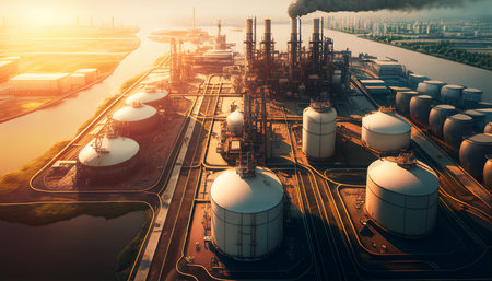 Oil refinery with pricing graph and petrochemical facility industrial background in daylight, Generative AIの素材