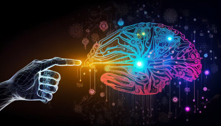 Machine learning, AI Robot and human hands interacting huge data from global network connections, the Internet, and digital technologies, Generative AIの素材