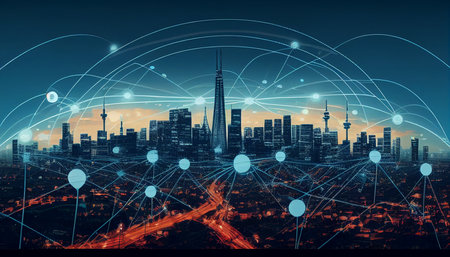 Contemporary city with wireless network connection and cityscape theme. Concept of wireless network and communication technologies with a daytime city background, Generative AIの素材