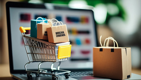 Product packaging boxes and a shopping bag in a cart with a laptop computer that displays a web store shop on a screen for the online shopping and delivery concept, Generative AIの素材